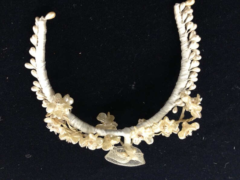 Vintage Victorian Bridal Wax Flower Crown Topped with Mesh Flower