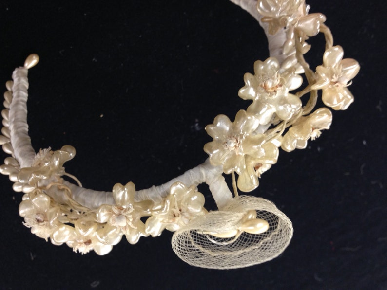 Vintage Victorian Bridal Wax Flower Crown Topped with Mesh Flower
