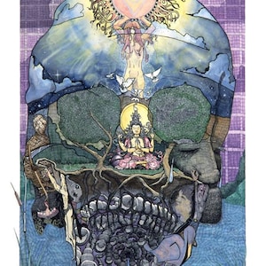 May include: A watercolor painting of a skull with a detailed, intricate design. The skull is filled with various images, including a woman holding a sun, a woman meditating in a tree, and a dark, swirling abyss. The painting is signed "R. Marx" and includes the website "www.marxmarx.com".