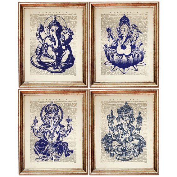 Cobalt Blue Wall Decor Set Of 4 Prints Ganesha Wall Art Etsy