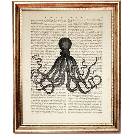 Large Octopus Dictionary Art Print Fishing Sea life Vintage Nautical