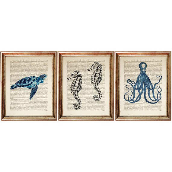 Sea Turtle Dictionary Art Print Fishing Sea life Vintage Nautical