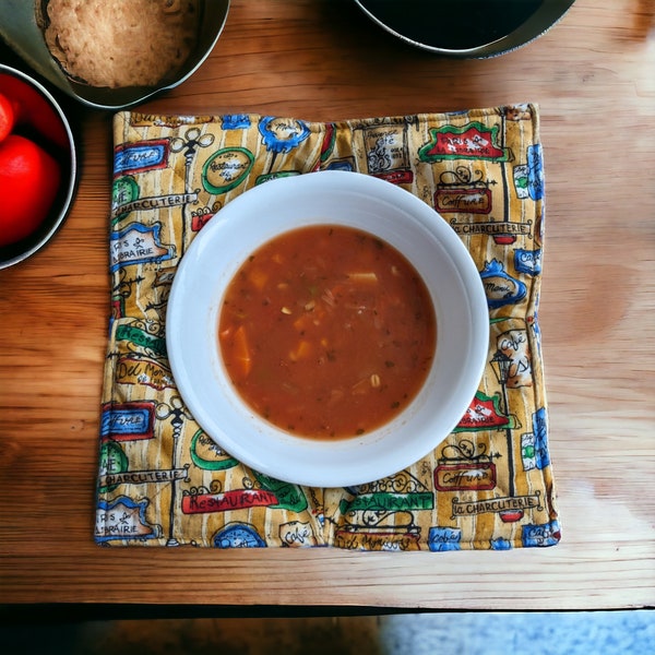 Sous-plat bol manique doublé pour micro-ondes idéal pour soupe gruau en tissu café bleu beige lavable et réutilisable fait au Québec