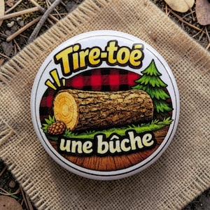 May include: A circular badge with the text "Tire-toe une bûche" in yellow and white. The design includes a log, a pine tree, and a red and black plaid pattern. A pine cone is also visible.