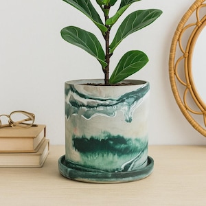 May include: A Fiddle Leaf Fig plant with large, glossy green leaves, potted in a cylindrical container. The pot has a marbled effect in shades of green and white. The plant sits on a matching saucer, creating a stylish display.