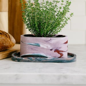 Oval windowsill planters with drainage + drip tray. Handmade, sealed, cement.
