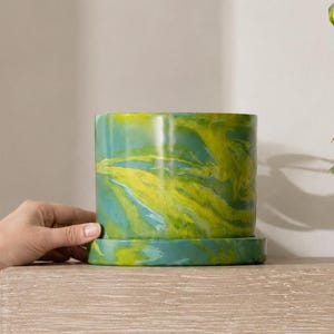 6 inch Mod Planter with Drainage and Tray Handmade Unique Colorful Plant Pot for Pothos Neon Hanging Trailing Houseplant Bright Shelf Garden