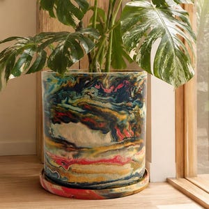 Extra Large Floor Planter 12 inch Round Cement Pot with Drainage Tray, Living Room Houseplant Decor for Monstera Fiddle Leaf Fig Indoor Tree