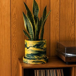 Peut inclure: Un pot de fleurs cylindrique arborant un motif marbré composé de tourbillons vert forêt profond et jaune vif. Le pot comprend une soucoupe circulaire assortie et contient une plante serpent aux feuilles pointues, panachées de vert et de jaune.