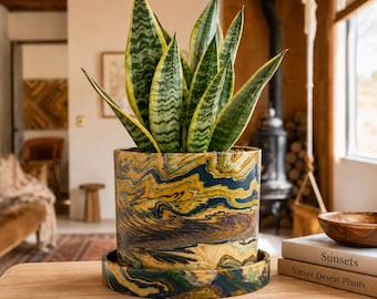 Canyon Sunset Jewel Tone 6 Inch Round Planter with Drainage and Saucer Cement Indoor Snake Plant Pot Perfect Desert Modern Living room Style