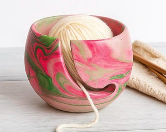 Handgemaakte cementgarenkom roze en groen marmer breicadeau zwaar garen balhouder