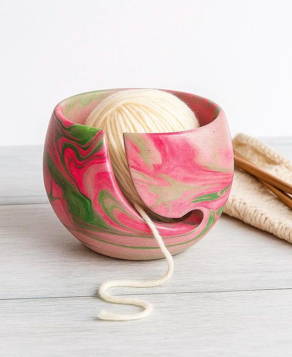 Handmade Yarn Bowl Smooth Finish Pink & Green Marble Knitting Gift Heavy Yarn Ball Holder Custom Color Available Make it Your Unique Style