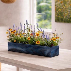 12 inch Deepest Blue Sea Cement Windowsill Planter with Drainage Handmade Glossy Water Resistant Seal Long Thin Planter for Small Spaces