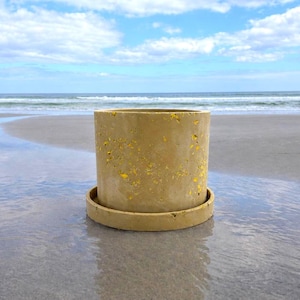 Puede incluir: Una maceta cilíndrica de hormigón amarillo claro con un platillo a juego. La maceta tiene pequeñas motas amarillas y está sobre una playa de arena con el océano y un muelle al fondo. Ideal para suculentas o plantas pequeñas.