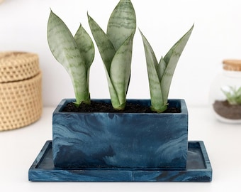 6 inch Rectangle Deep Blue Sea Cement Planter with drainage + Tray: Handmade + Sealed