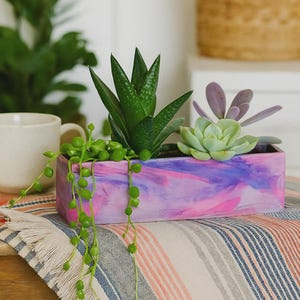 May include: A rectangular planter with a marbled purple, pink, and blue finish containing three succulents: a tall dark green aloe-like plant, a light green rosette succulent, and a trailing string of pearls plant with small round green leaves.