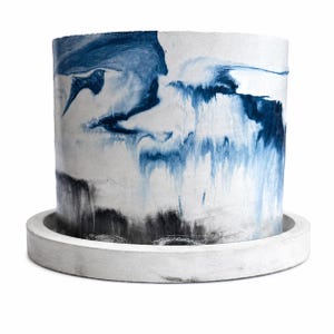 6 inch Ocean Whitecaps Cement Planter with Drainage + Saucer. Handmade Indoor Pottery for Houseplants. Bright Coastal Blue Cream White Pot.