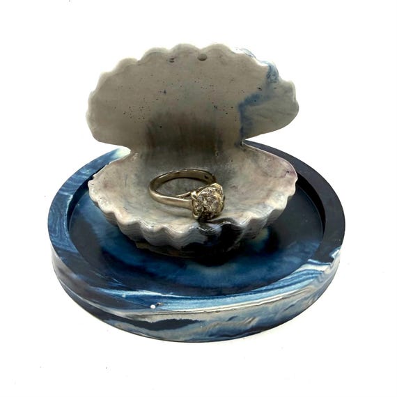 Seashell and Dish Ring Display, Cement, Handmade, Customizable