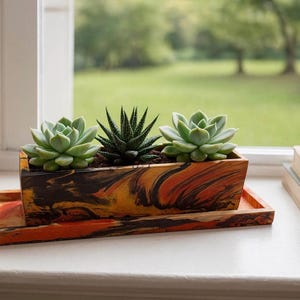 12&quot; long, rectangle windowsill planter, with drainage + 17&quot; tray. Cement with gloss seal.