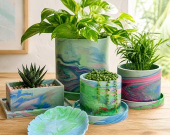 Sunset Sorbet Planter Pot Collection - Pink Blue Green Dopamine Indoor Garden Bowl and Pot with Drainage and Tray, Square, Round, Oval Shape