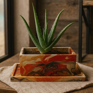 Op de afbeelding: Een groene aloë vera plant in een rechthoekige plantenbak met een bijpassende tray. De plantenbak en tray hebben een gemarmerd ontwerp in tinten rood, oranje en bruin. De plant staat op een neutraal gekleurde linnen doek.
