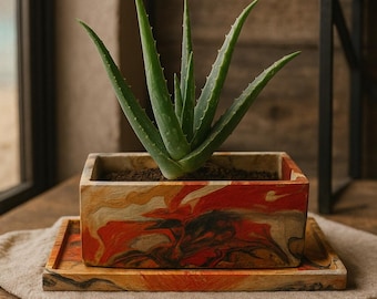 6.5 inch Fall Flames Cement Rectangle Windowsill Planter with Drainage and Tray: Handmade + Sealed