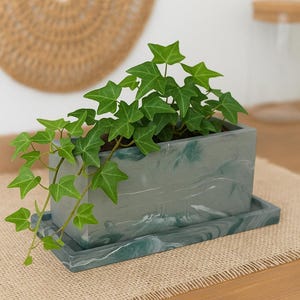 Large Cement Windowsill Planter with Drip Tray - Ocean Swirl Design, gloss seal with drainage