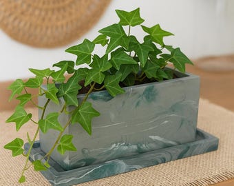 7 inch Handmade Cement Windowsill Planter with Drip Tray - Ocean Swirl Design