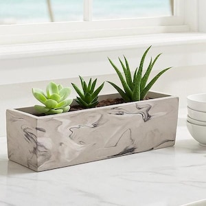 12インチ長方形モダン大理石セメント窓辺プランター排水付き：手作り+密封