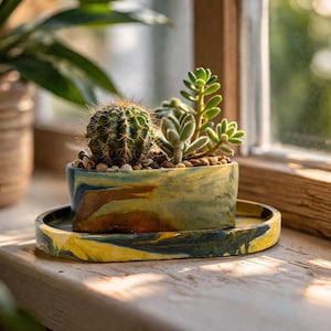 4” Long Oval Cement Planter with Drainage Hole Matching Tray for Windowsill or Shelf Marble Succulent Pot Small Indoor Colorful Desk Decor
