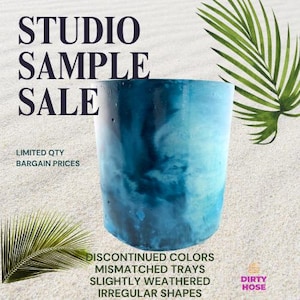 May include: A cylindrical container with a marbled blue and white finish. Text on the image reads: STUDIO SAMPLE SALE, LIMITED QTY, BARGAIN PRICES, DISCONTINUED COLORS, MISMATCHED TRAYS, SLIGHTLY WEATHERED, IRREGULAR SHAPES, and DIRTY HOSE.