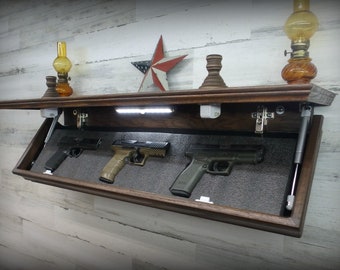 35"N Oak Wall Shelf With Drop Down Hidden  Secret Compartment  For Guns,Valuables,Etc..