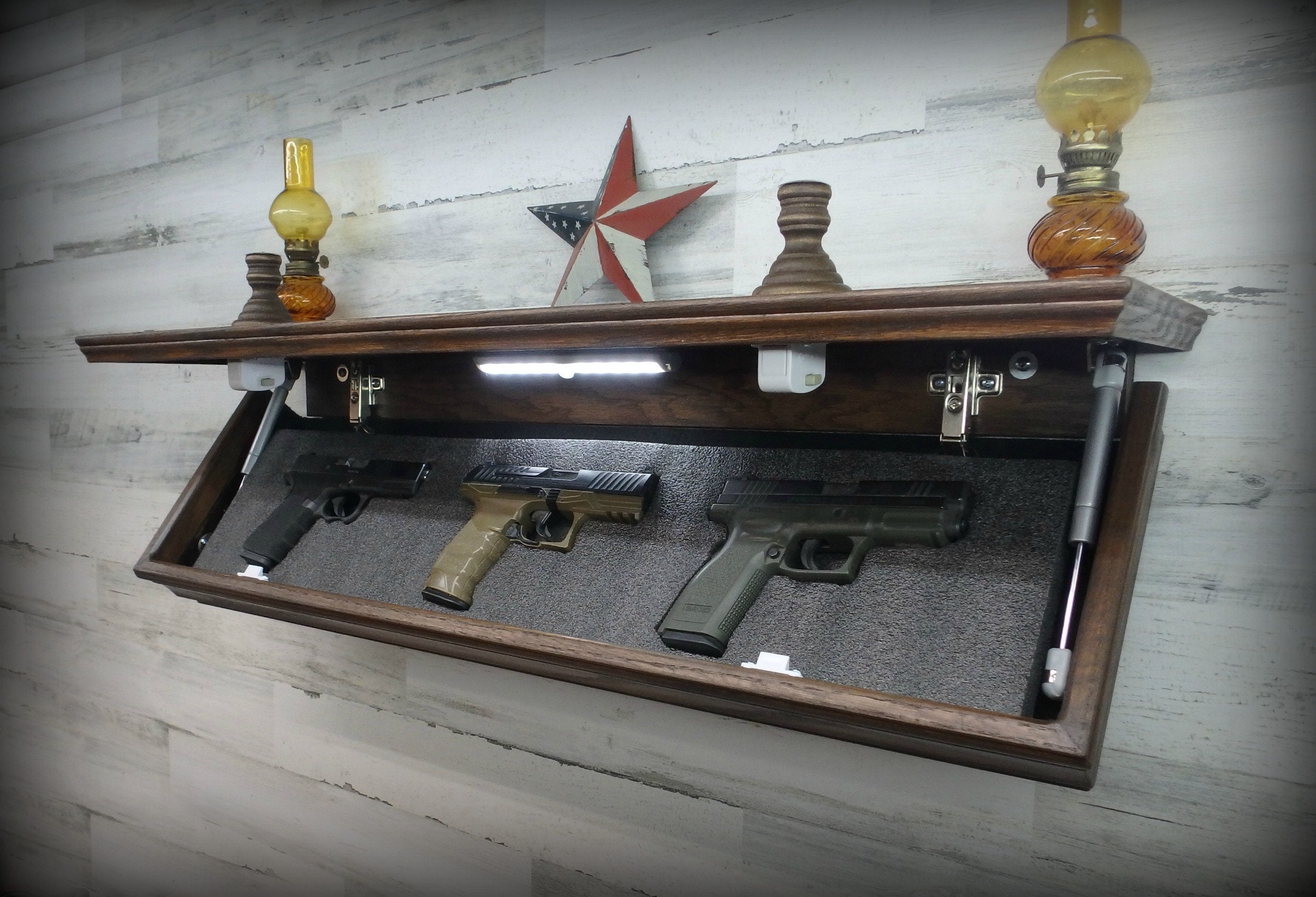 35N Oak Wall Shelf With Drop Down Hidden Secret Compartment For Guns