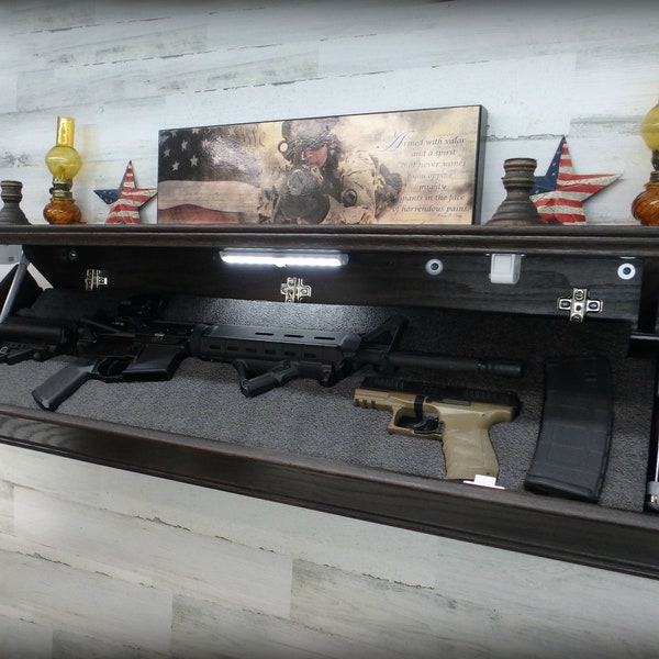 42"XL Oak Wall Shelf With Drop Down Hidden Compartment