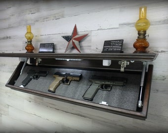 35"N Oak Wall Shelf With Drop Down Hidden  Secret Compartment  For Guns,Valuables,Etc..