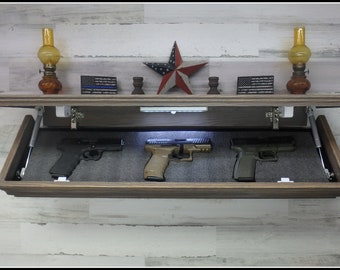 35"N Oak Wall Shelf With Drop Down Hidden  Secret Compartment  For Guns,Valuables,Etc..