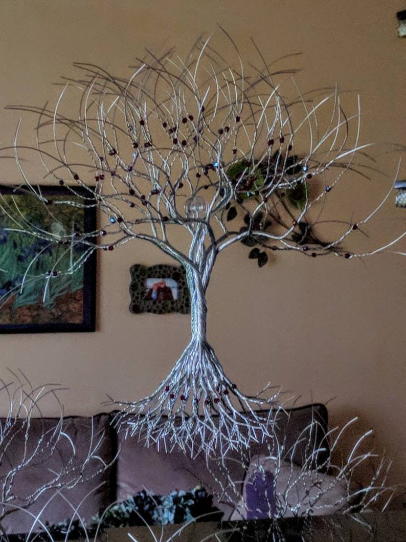 Steel Wall Decor Unique Hang On Mirror Window Handmade Wire Tree Garnet Glass Beads January Birthstone 16 Tall Sculpture 190121