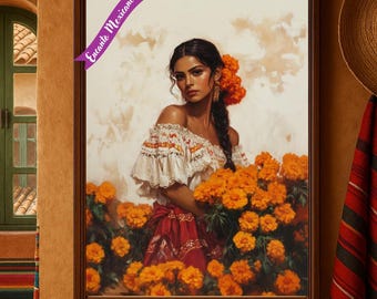 Op de afbeelding: Een ingelijst kunstwerk toont een vrouw in een witte blouse en rode rok, met een boeket oranje goudsbloemen. Het kunstwerk staat tegen een warme achtergrond, met de tekst "Encanto Mexicano" op het frame.