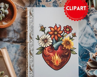 Heart Clipart, Talavera Mexico Clipart, Flower heart PNG, Mexicana clipart, Sacred heart Clipart,blooming heart clipart