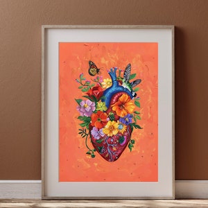May include: A colorful anatomical heart illustration with flowers and birds on a peach background. The heart is surrounded by flowers in shades of pink, red, yellow, orange, and purple. Two small birds are perched on the heart, and a butterfly is flying nearby.