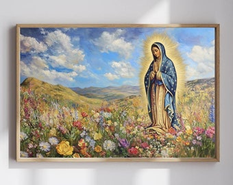Nuestra Señora de Guadalupe, arte mural de flores silvestres, Virgen de Guadalupe, arte mural de México, decoración del hogar, espiritualidad, decoración mexicana, arte mural,