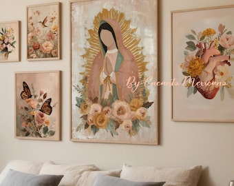 Conjunto de 5 quadros de parede com arte da Virgem de Guadalupe, gravuras de Nossa Senhora de Guadalupe, decoração mexicana.