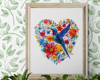 Mexican Botanical hummingbird Wall Floral Folk Art Mexican Flowers Mexico Printable Art Mexican flowers Otomi hummingbird decor