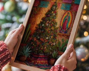 May include: A framed print featuring a Christmas tree adorned with ornaments, set against a backdrop of colorful papel picado banners. The artwork includes a depiction of Our Lady of Guadalupe and potted plants, all within a wooden frame.