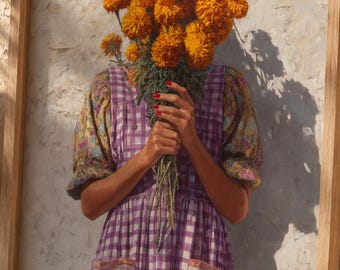 May include: A framed wall art print depicting a person wearing a purple and white gingham apron dress with floral sleeves and pockets, holding a large bouquet of bright orange marigold flowers that obscures their face against a textured wall.