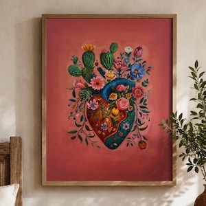 Mexico Wall Art, Mexican Art, Blooming Heart wall art, Corazon Mexicano Art, Mexico Oil Painting
