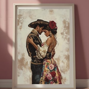May include: A painting of a couple in traditional clothing embracing. The man is wearing a black and gold embroidered jacket and a wide-brimmed hat. The woman is wearing a floral dress with a red rose in her hair.