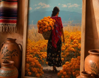 May include: A framed wall art print depicting a person walking through a field of bright orange marigold flowers while carrying a large basket of the same blooms on their back, wearing a red shawl and a long black skirt against a mountain backdrop.