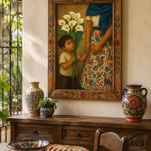 May include: A framed painting depicts a child offering white calla lilies to an adult. The painting is in a wooden frame with floral accents. A wooden cabinet displays ceramic vases and a bowl with colorful floral patterns.