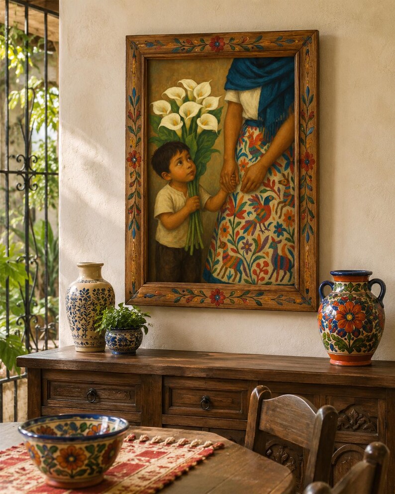 May include: A framed painting depicts a child offering white calla lilies to an adult. The painting is in a wooden frame with floral accents. A wooden cabinet displays ceramic vases and a bowl with colorful floral patterns.